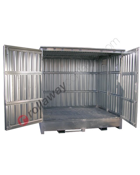 Module de stockage pour cuves de sol en acier avec bac de rétention et portes battantes groupe de taille 2