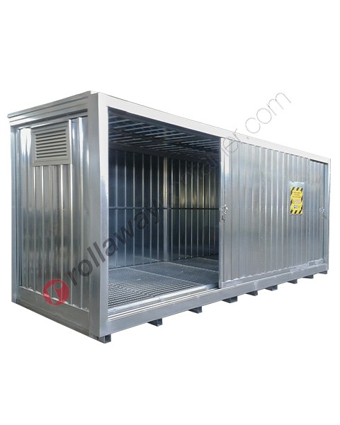Module de stockage pour cuves de sol en acier avec bac de rétention et portes coulissantes groupe de taille 2