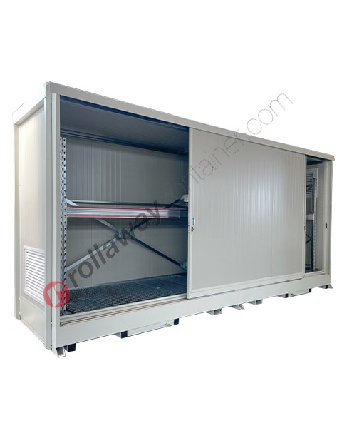Module de stockage pour cuves sur étagère avec panneaux isolés en polyuréthane, bac de rétention et portes coulissantes