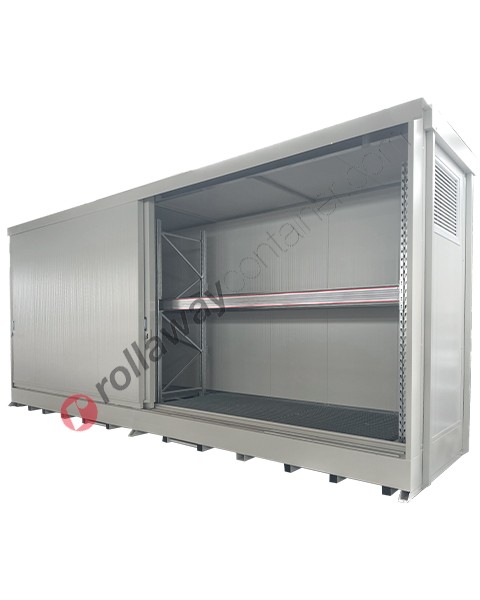 Module de stockage pour fûts sur étagère avec panneaux certifiés EI/REI120, bac de rétention et portes coulissantes
