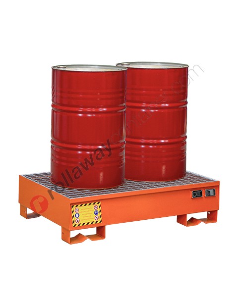 Bac de rétention produit chimique 214 litres en acier peint avec grille 1340 x 850 x 330 mm pour 2 fûts