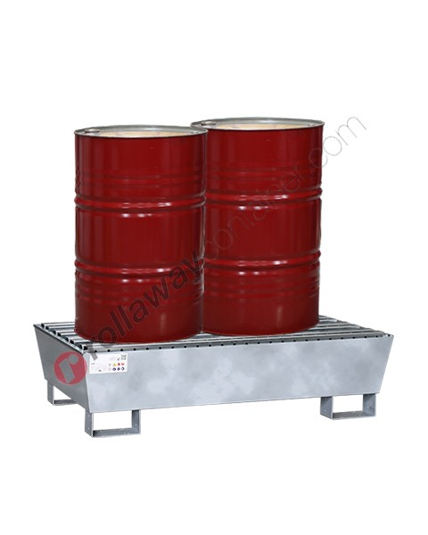 Bac de rétention produit chimique conique en acier avec dessus perforé 1310 x 800 x 340 mm pour 2 fûts