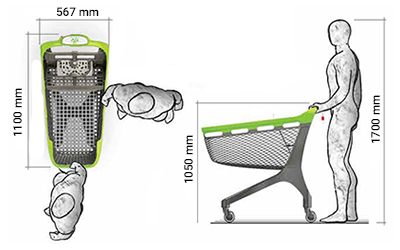 Dimensions chariot supermarché en plastique Roomy 160 litres