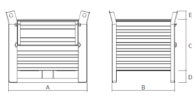 Dimensions caisse palette métallique tôlée lourde avec semelles sur le grand côté et porte sur le grand côté